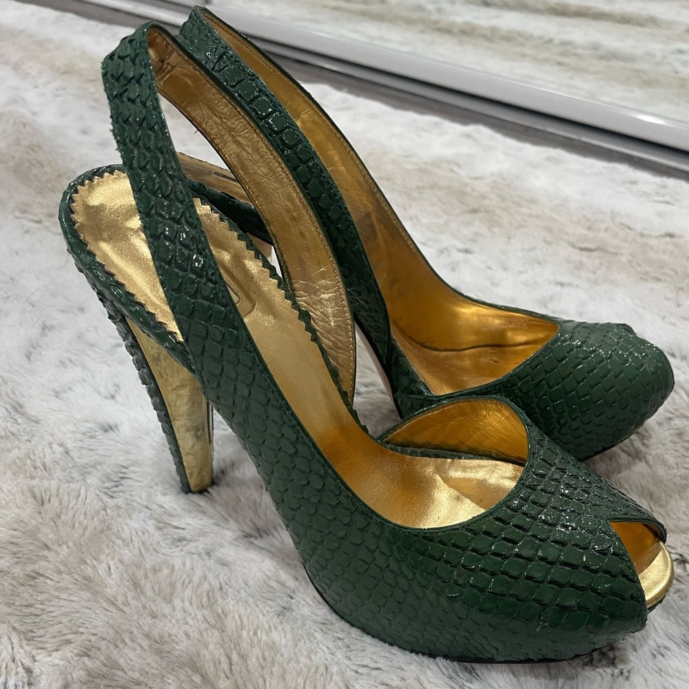 [8]🐊Killer Crocodile Peep Toe Heel | Women’s|Report Signature| Snakeskin Green